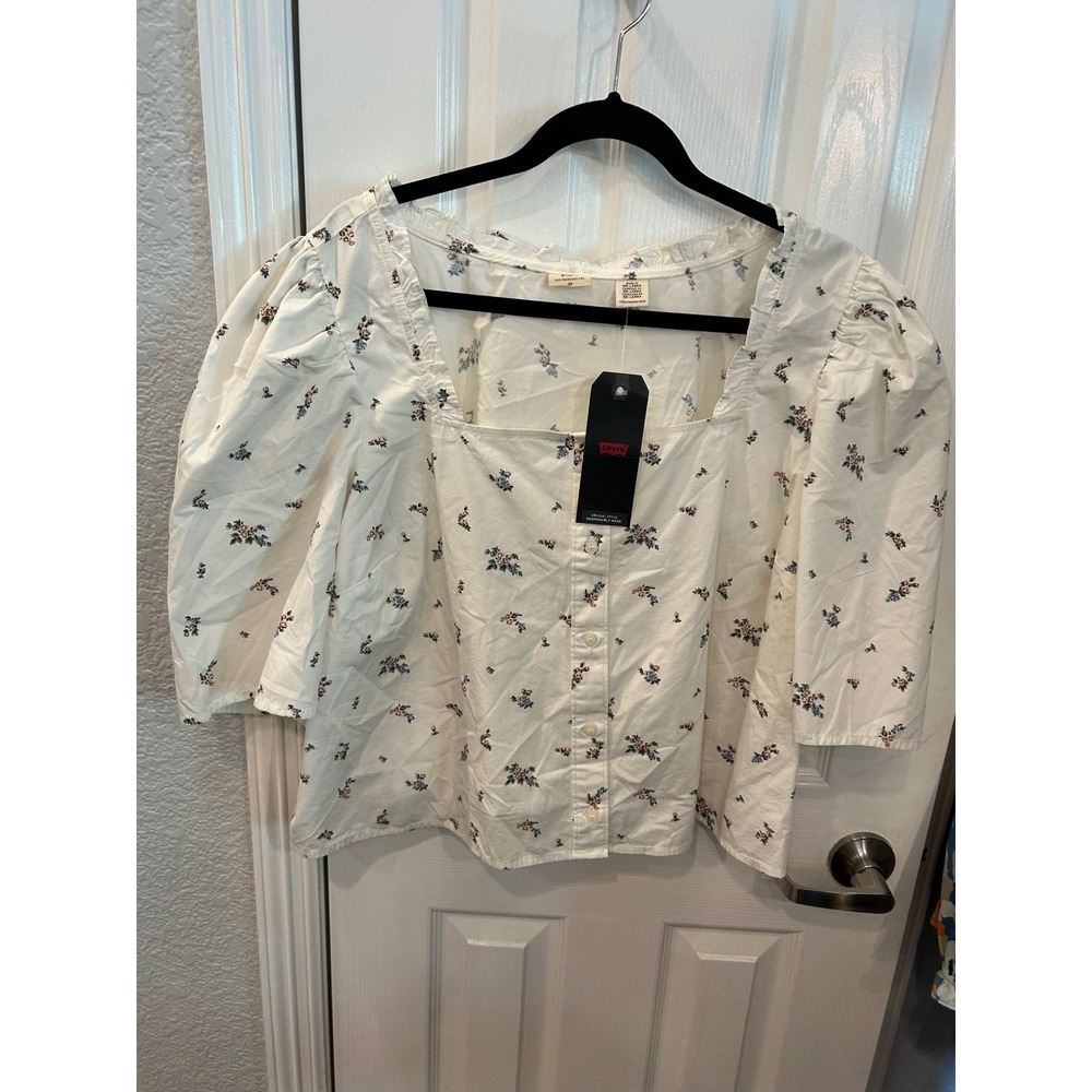 Levi's Blouse White Floral Puff Sleeve Square Neck Button Front 3X